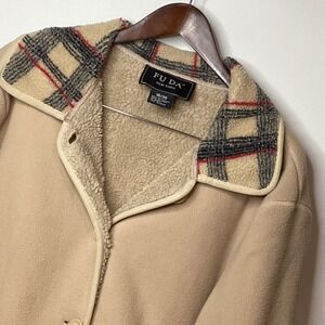 FU DA New York Beige Fleece Jacket Plaid‎ Collar Cuffs Womenswear
